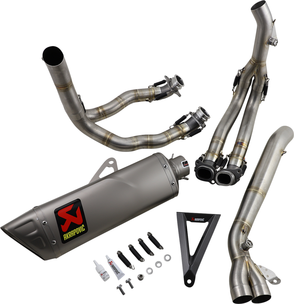 AKRAPOVIC Race Exhaust System S-H10R9-APLT for motorcycle, showcasing sleek metal pipe and branding for enhanced performance.