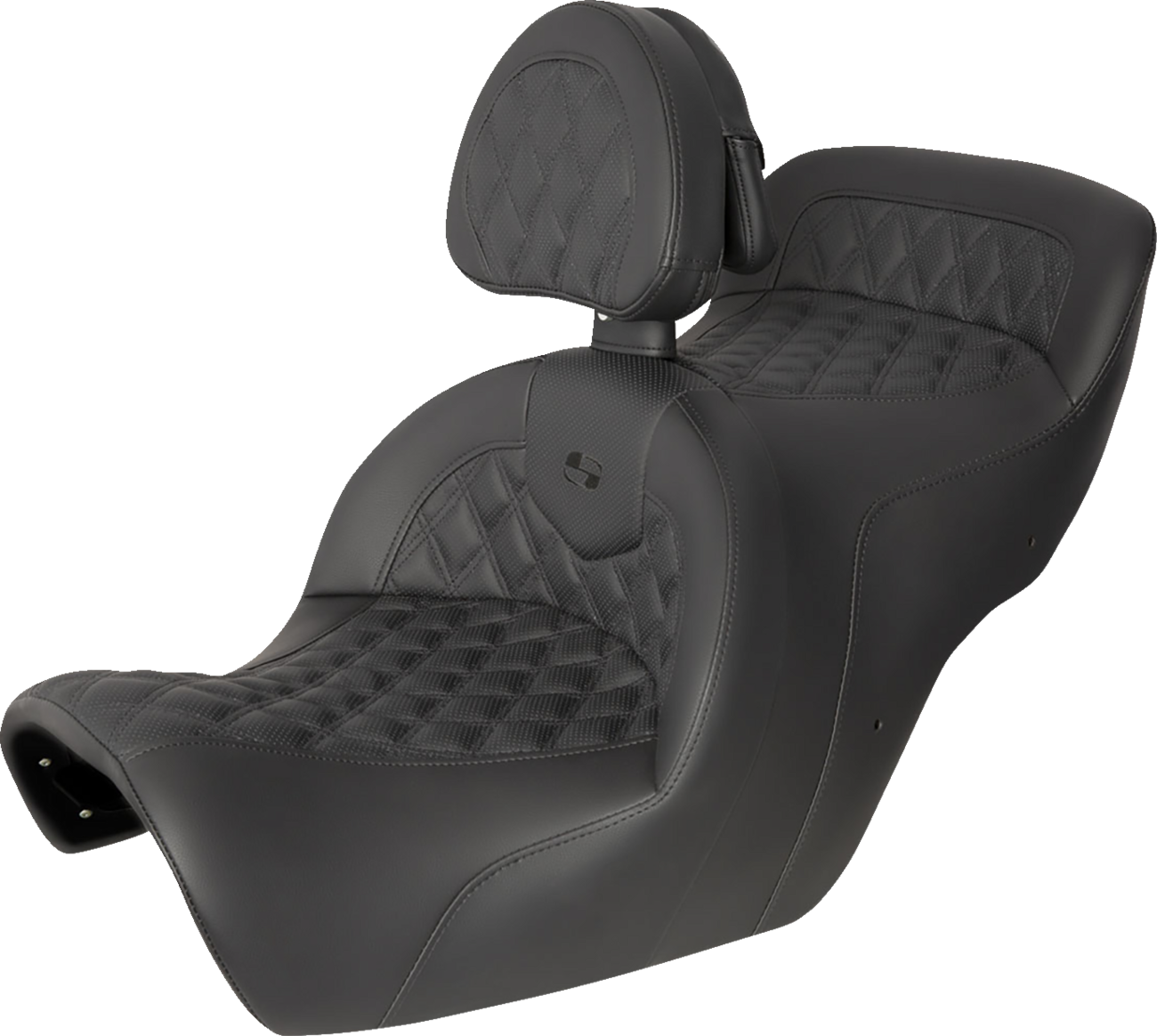Black SADDLEMEN Roadsofa seat with backrest featuring full lattice stitch, designed for bikes by Bill's Exhausts.