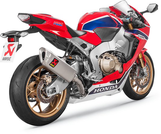 AKRAPOVIC Race Exhaust for Honda CBR1000RR, stainless steel and titanium, showing the sleek, high-performance motorcycle exhaust system.