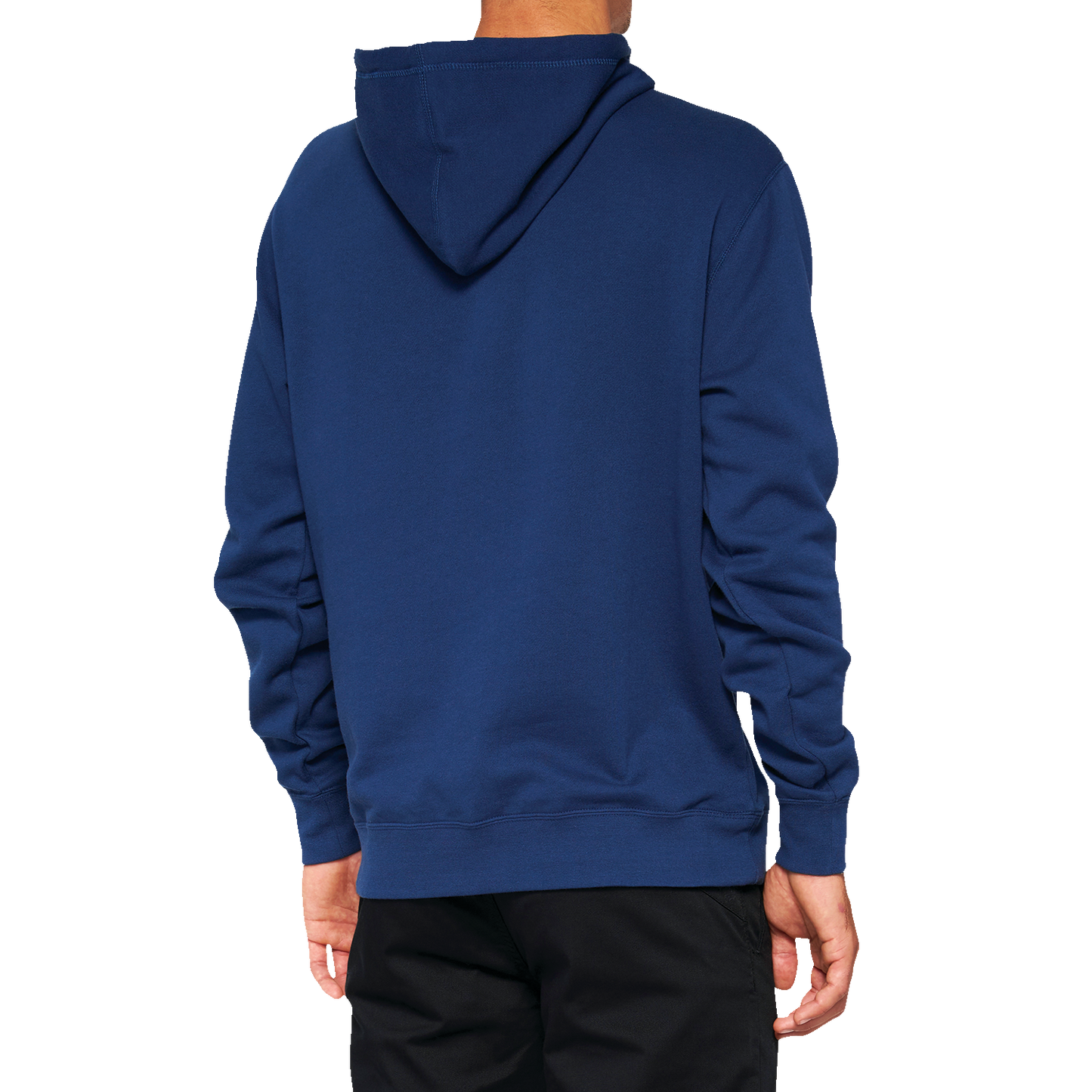 Bill's Exhausts 100% Icon navy hoodie, medium size, showing front view with hood and logo details.