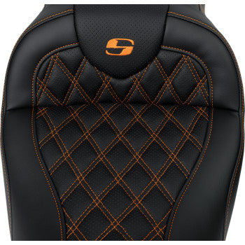 Bill's Exhausts SADDLEMEN Roadsofa™ motorcycle seat with backrest, orange stitching, designed for FL models 2008-2023.