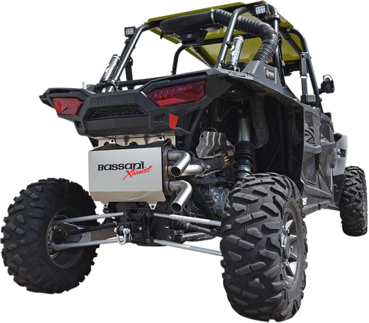 Stainless steel BASSANI XHAUST muffler for RZR XP 1000 Turbo, part 6R1017T, shown in the image.