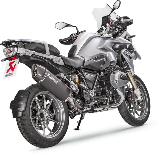 AKRAPOVIC titanium muffler for BMW in black, S-B12SO16-HAABL model, showing the sleek exhaust with branding details