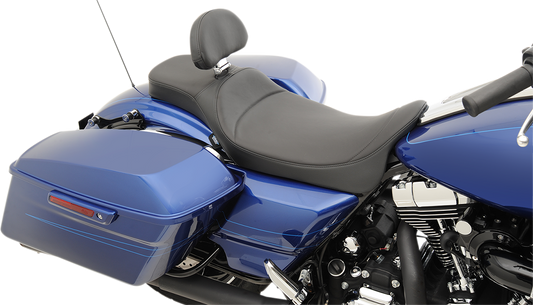 Drag Specialties extended reach Predator seat with backrest receptacle for Harley FL models 2008-2024, mild stitching, motorcycle seat.