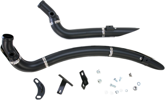 BASSANI XHAUST Sweeper motorcycle exhaust system in black and chrome finish, featuring sleek design and dual exhaust pipes.