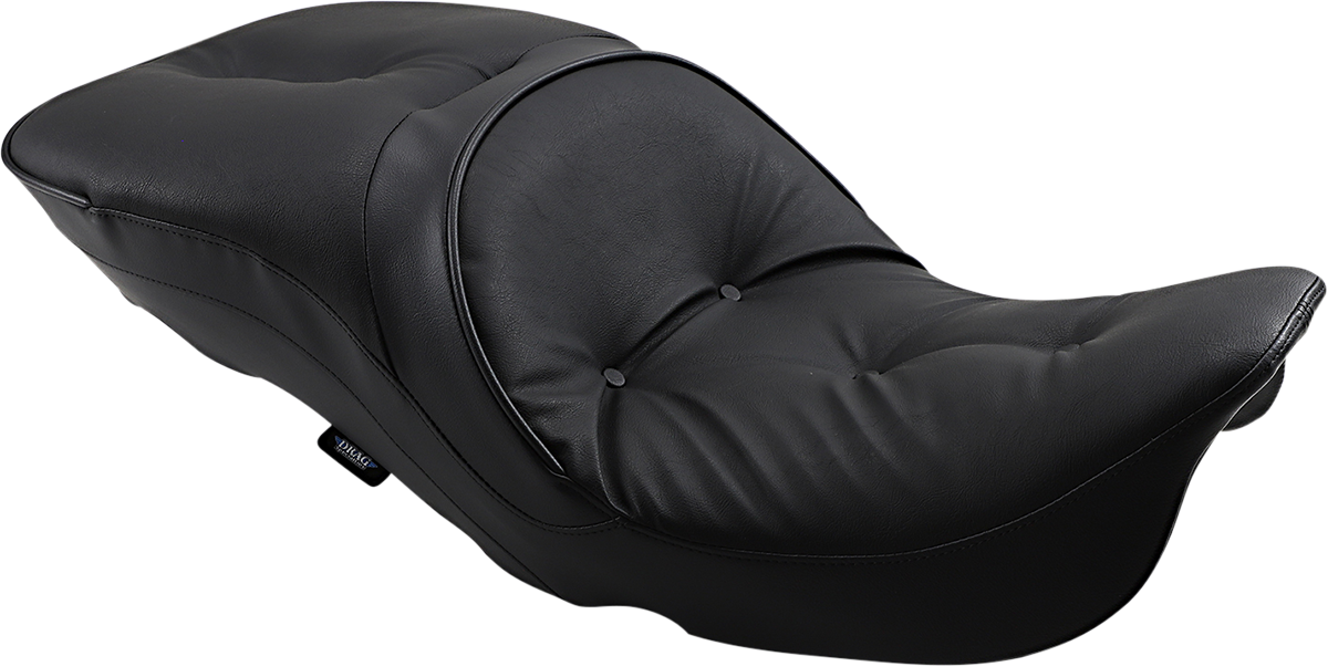 Large touring Harley seat by Drag Specialties with pillow for models FL 97-07, featuring padded comfort and durable black leather.