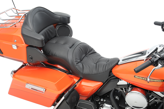 Drag Specialties touring seat with pillow for Harley FL 2009-2023, featuring comfortable padding and sleek black design.