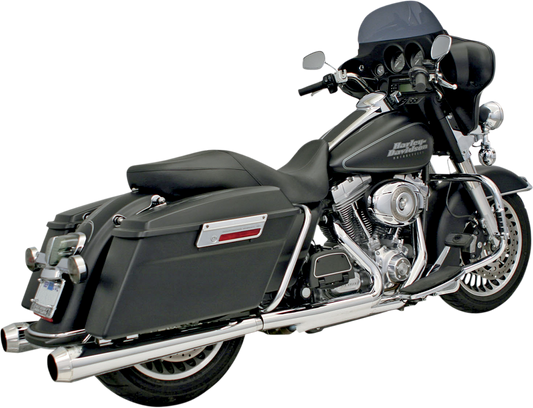 Chrome Bassani Xhaust Megaphone mufflers for Harley Davidson FLH-517L, featuring polished finish and distinctive megaphone design.