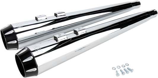BASSANI XHAUST Megaphone mufflers FLH-517RL in chrome and black with fluted design and performance baffle on motorcycle exhaust system.