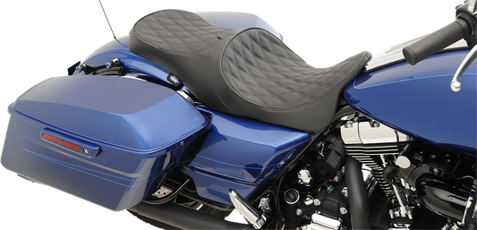 Drag Specialties Low Forward Touring Seat for Harley FL '08-'24, Double Diamond style, shown on motorcycle seat with detailed stitching.