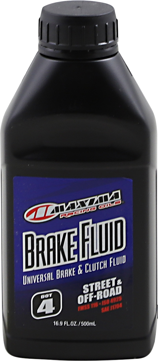 MAXIMA RACING OIL DOT 4 Brake Fluid bottle, 16.9 fl oz (500 ml), with label showing product details and branding.