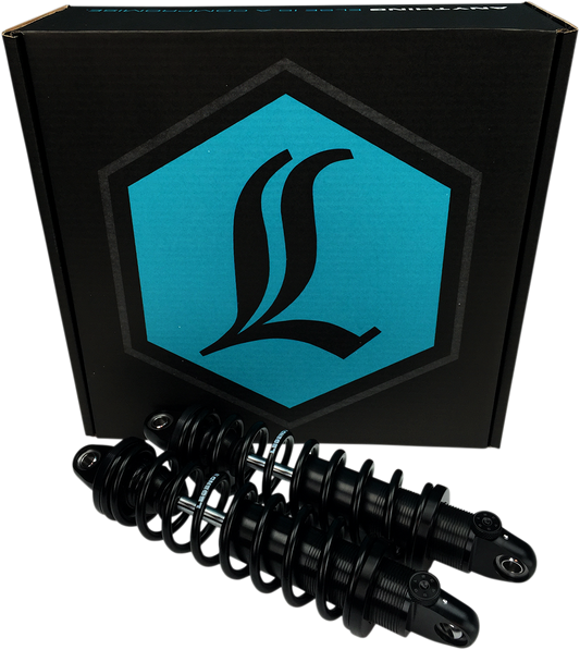 Legend Suspension REVO-A adjustable FXR coil suspension, 13-inch heavy-duty shock in gloss black for motorcycles.