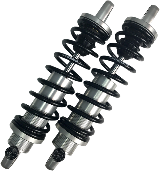 Legend Suspension REVO-A adjustable FXR coil suspension, 14-inch clear anodized shock for motorcycle rear suspension.
