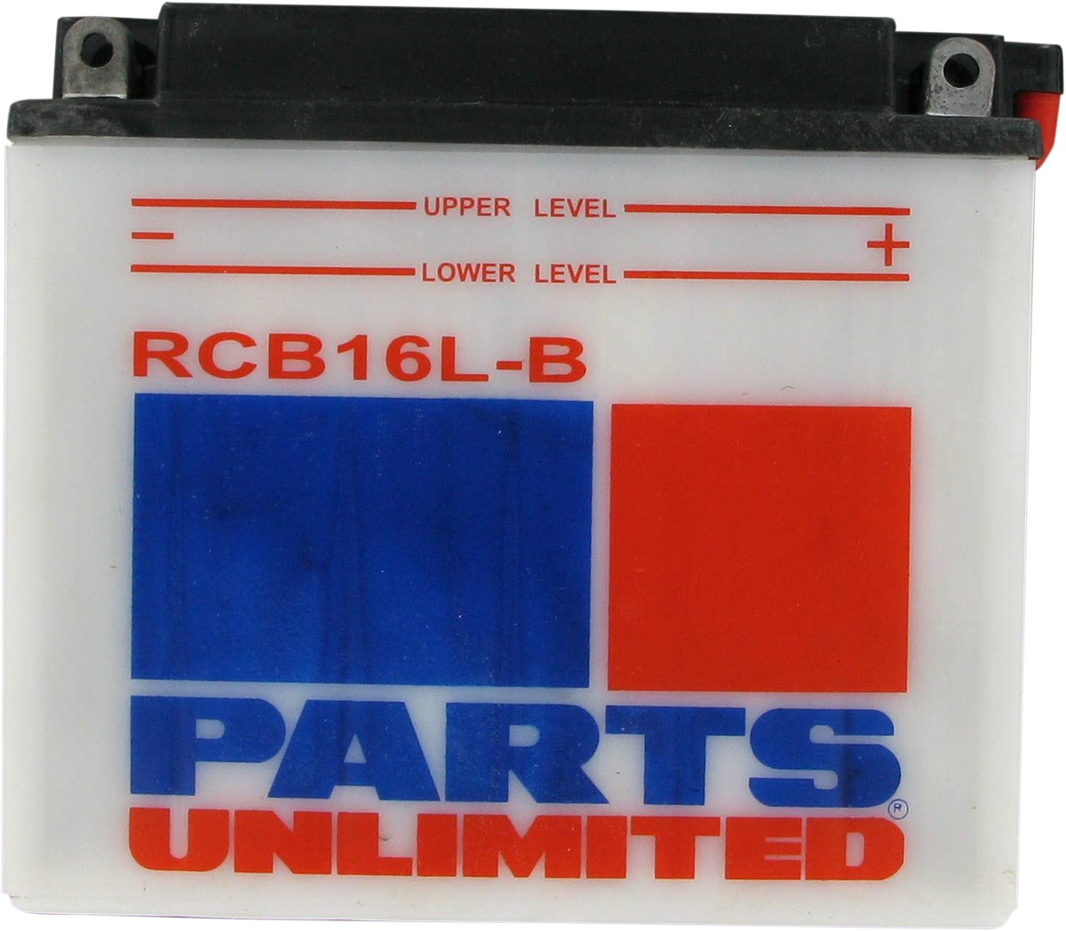 Heavy-duty motorcycle battery by PARTS UNLIMITED, model YB16L-B, with positive and negative terminals visible.