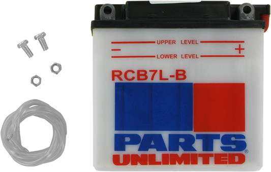 Heavy-duty motorcycle battery by PARTS UNLIMITED, YB7L-B model, suitable for CB7L-B engines, with black casing and terminals visible.