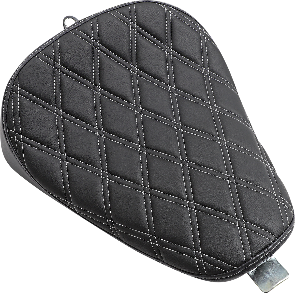 Drag Specialties Bobber Solo Seat for Harley-Davidson XL 2010-2022, double diamond silver stitch design on black leather.