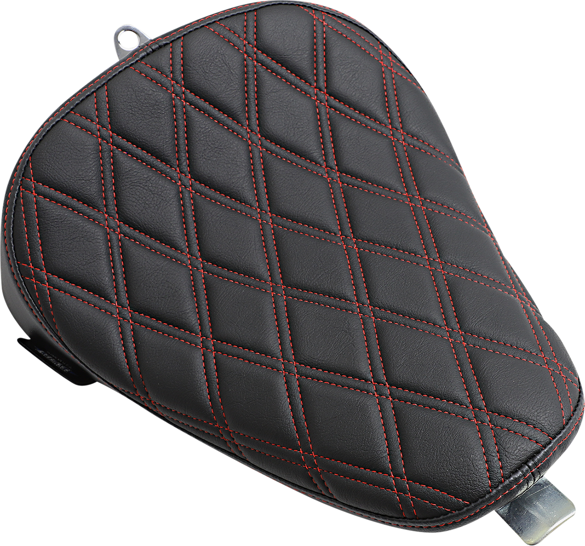 Drag Specialties Bobber Solo Seat with red stitching for Harley XL 2010-2022, featuring a double diamond design and sleek finish.