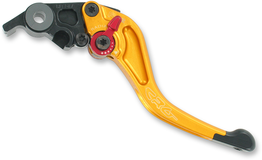 CRG RC2 Shorty brake lever in gold, motorcycle part with ergonomic design and branding visible.