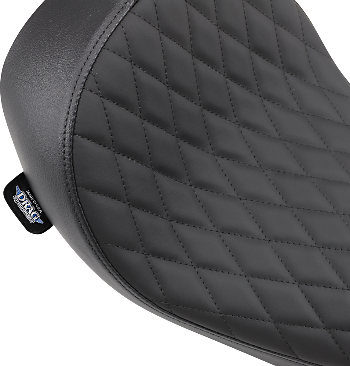 DRAG SPECIALTIES low solo motorcycle seat with diamond stitch for FXD/FLD models 2006-2017, shown on a bike.