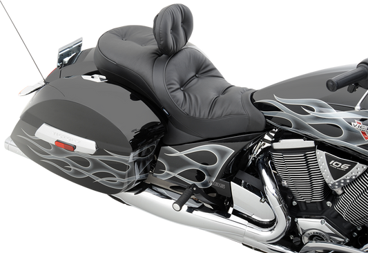 Black low-profile touring seat pillow by Drag Specialties Seats for Victory motorcycles, model 0810-1542, 2010-2015.