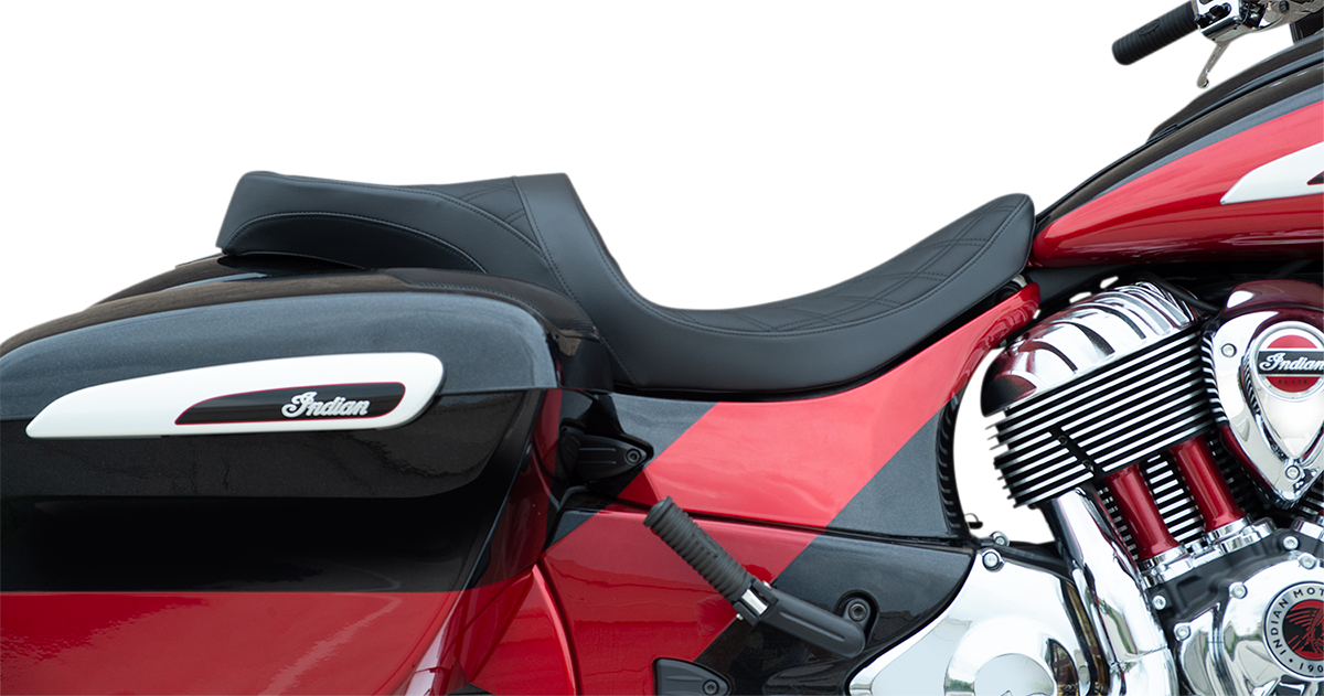 Low profile touring seat by Drag Specialties with double diamond stitching and black accents for Indian motorcycles 2014-2022.