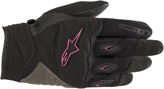 Alpinestars Stella Shore gloves in black and fuchsia, size XL, showing breathable, women’s fit motorcycle gloves with adjustable wrist strap.