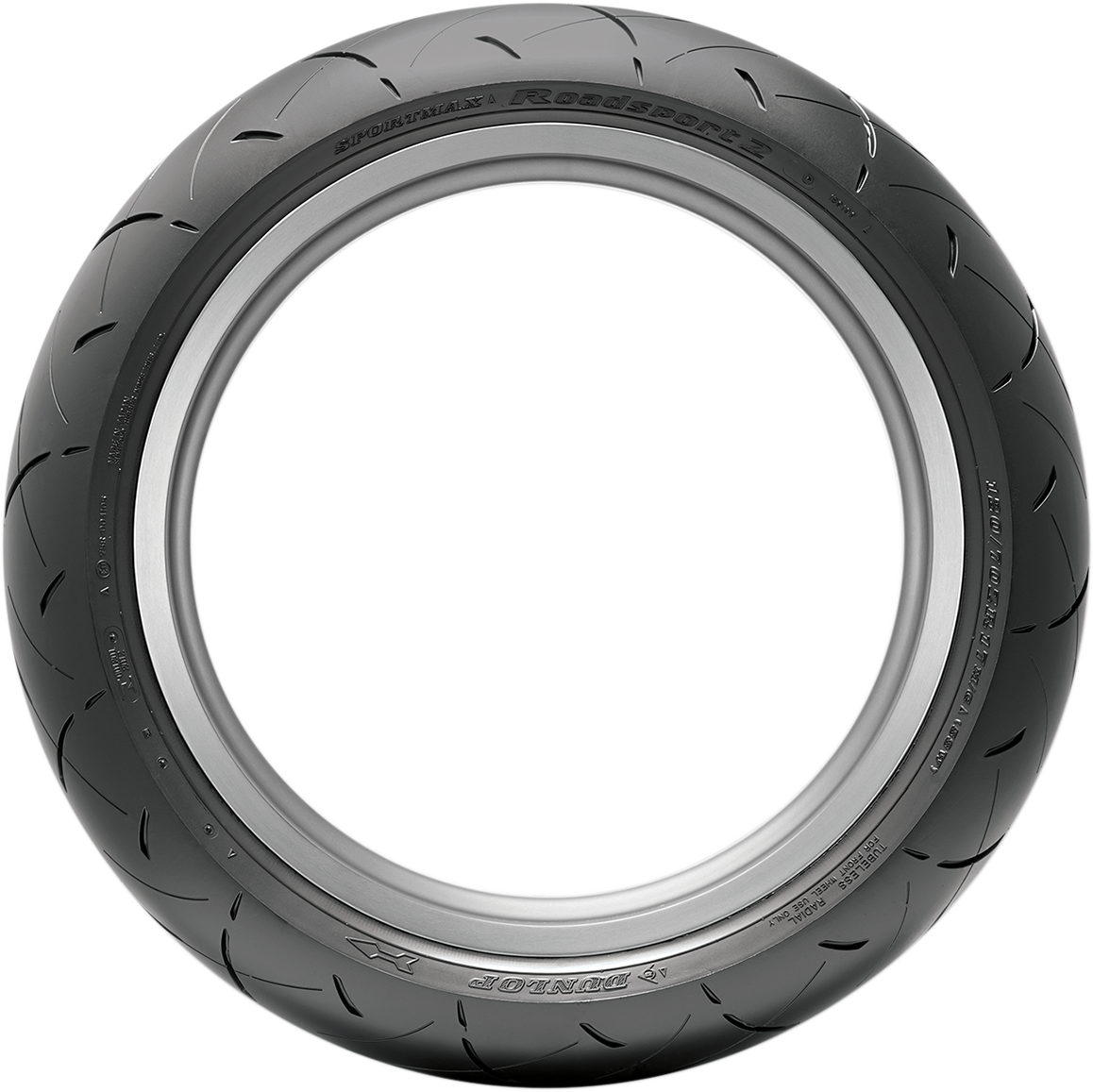 Dunlop Roadsport 2 front motorcycle tire 120/60ZR17 (55W) with tread pattern for high-performance winding road riding.