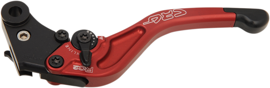 Red CRG RC2 Shorty Clutch Lever for motorcycles, part number 2AN-671-XP-H-R, showcasing the compact design and vibrant finish.