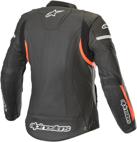Alpinestars Stella Kira leather motorcycle jacket in black and red, featuring protective armor and stylish design.