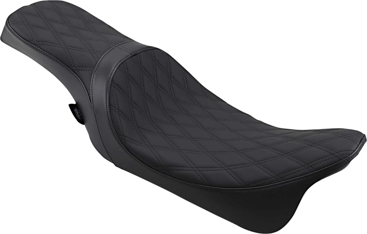 Drag Specialties Predator 2-Up Harley seat with double diamond pattern and black stitching, designed for Harley FL models 2008-2023