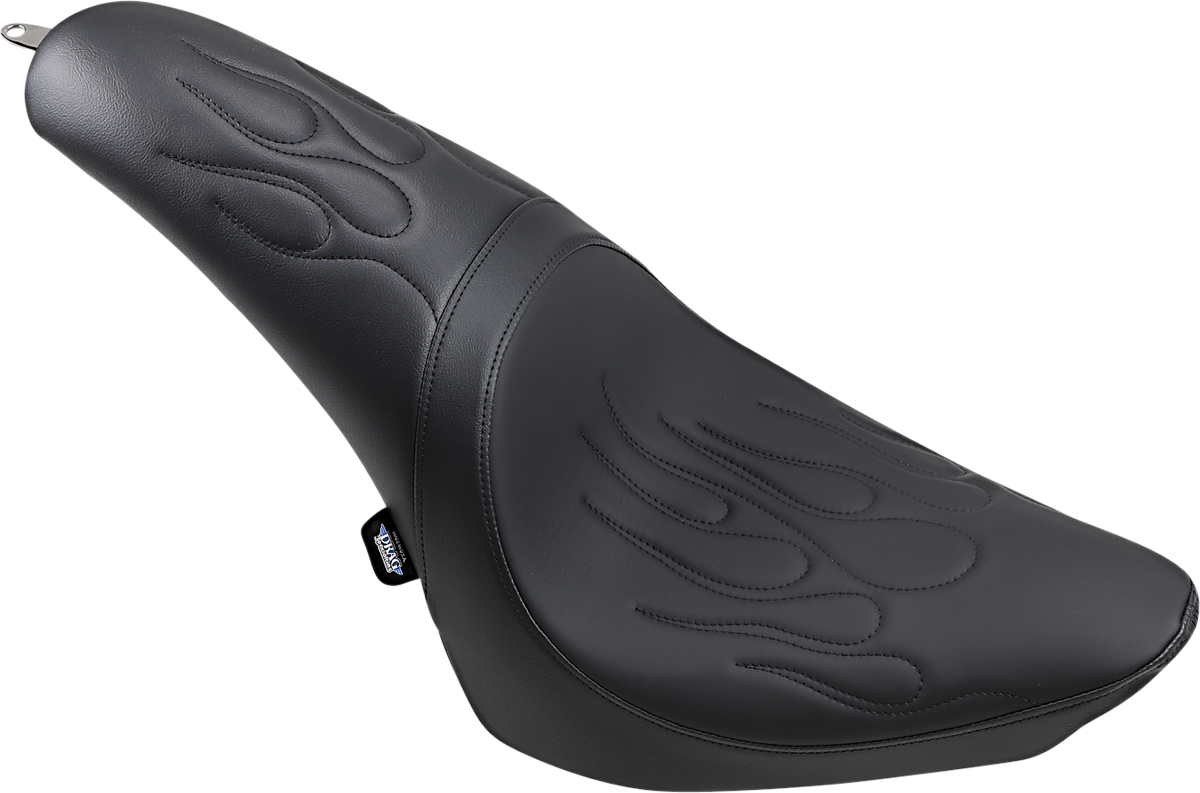 Drag Specialties Predator Flame Stitched Seat for Harley FL/FX 2000-2017, close-up of black seat with flame stitching details.