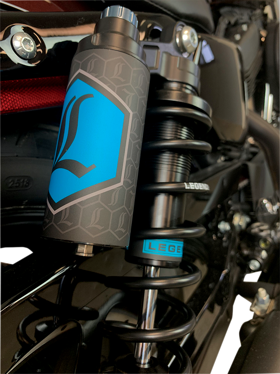 Legend Suspension Revo ARC piggyback shocks for Harley Sportster, 14-inch black suspension shocks for 2004-2022 Harley models.