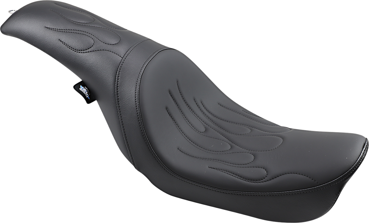 Drag Specialties Predator Flame stitched motorcycle seat for Dyna 2006-2017, featuring flame design and comfortable riding surface.