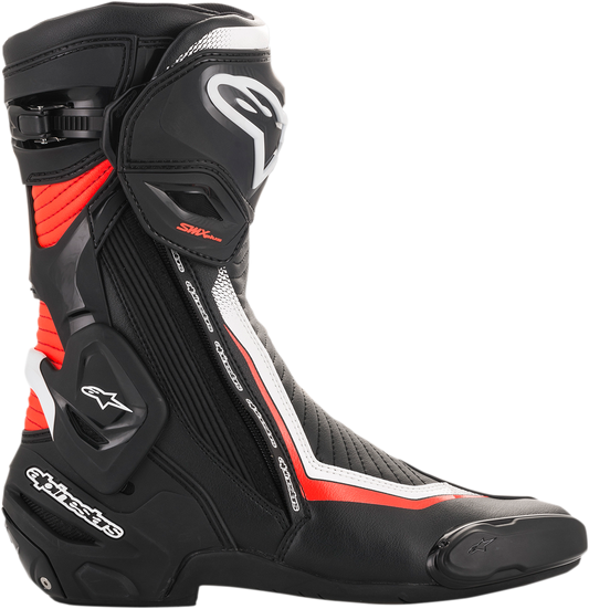 Alpinestars SMX Plus motorcycle boots in black, white, and red fluorescent with US 11.5 size, showing the protective design and branding.