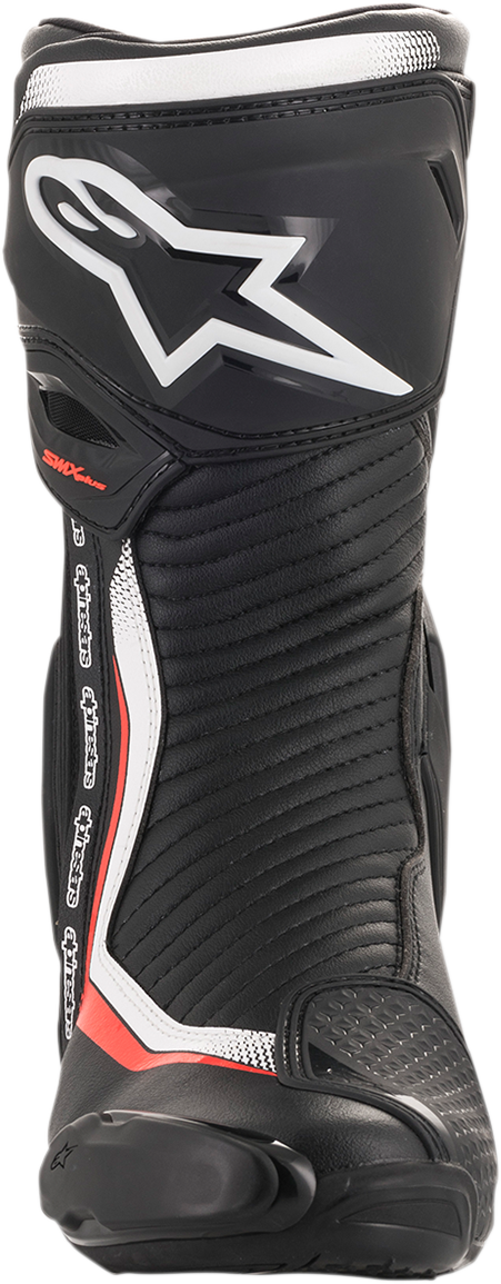 Alpinestars SMX Plus motorcycle boots in black, white, and red fluorescent with protective design and sporty appearance.