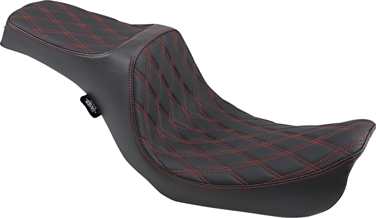 Drag Specialties double bucket seat with mild stitching for Harley XL 2010-2022 motorcycle, showcasing the black seat with detailed stitching.