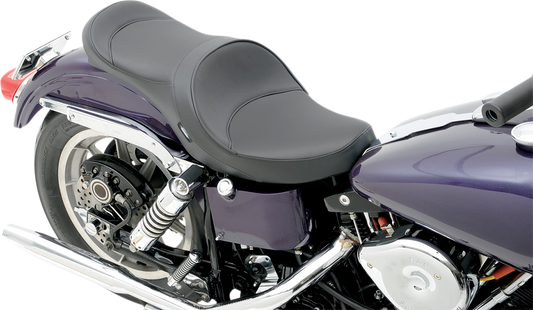 Drag Specialties double bucket seat for FX/FL bikes with smooth finish, vintage style motorcycle seat, part number 0805-0122.