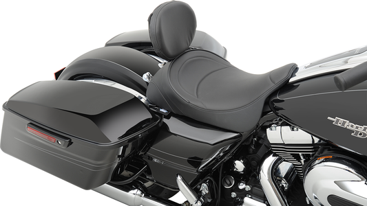 DRAG SPECIALTIES SEATS solo motorcycle seat with mild stitching and driver backrest for Harley FL models 2008-2023.