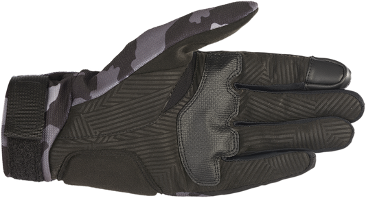 Alpinestars Reef Gloves in black and camo gray, 3XL size, featuring durable motorcycle glove design with reinforced palms.