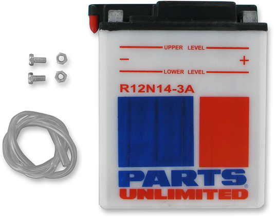 Parts Unlimited 12N14-3A conventional automotive battery with black case and terminals, designed for reliable vehicle power.