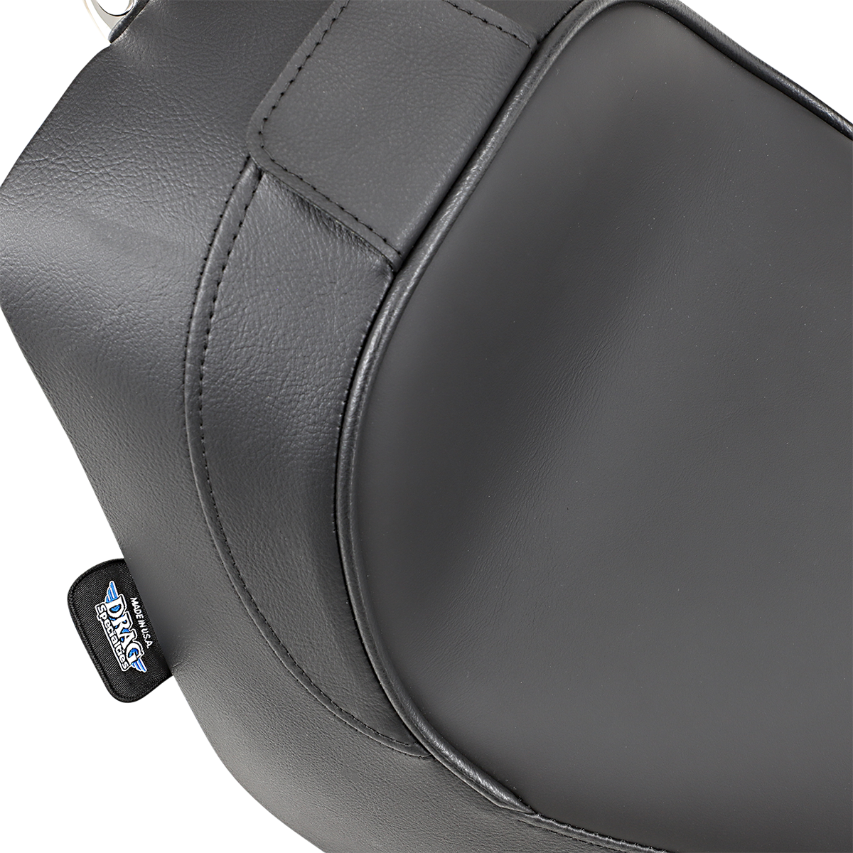 Drag Specialties solo motorcycle seat with driver backrest for FL/FX models 2000-2006, shown in black on a cruiser bike.