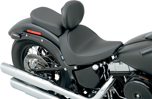 Drag Specialties solo motorcycle seat with backrest for FXS/FLS 2011-2017, featuring smooth black leather and ergonomic design.