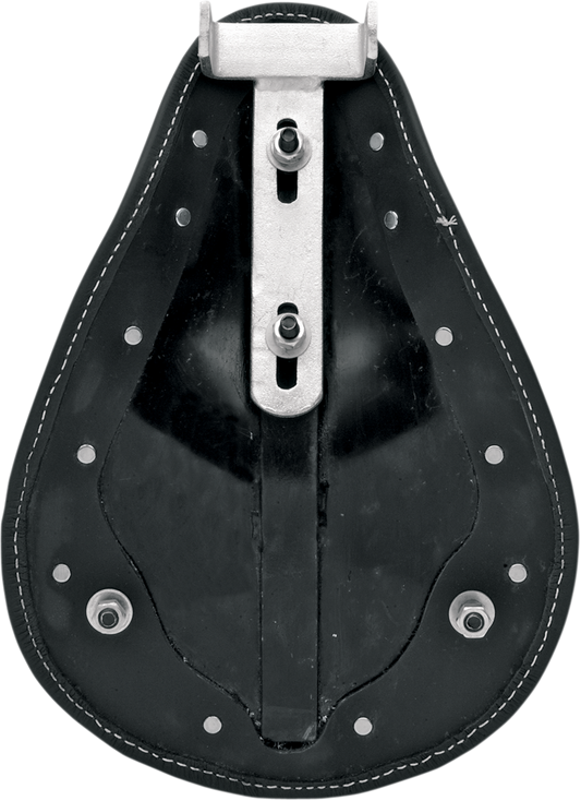 DRAG SPECIALTIES SEATS spring solo low-profile motorcycle seat in black leather with white stitching, compact and comfortable design.