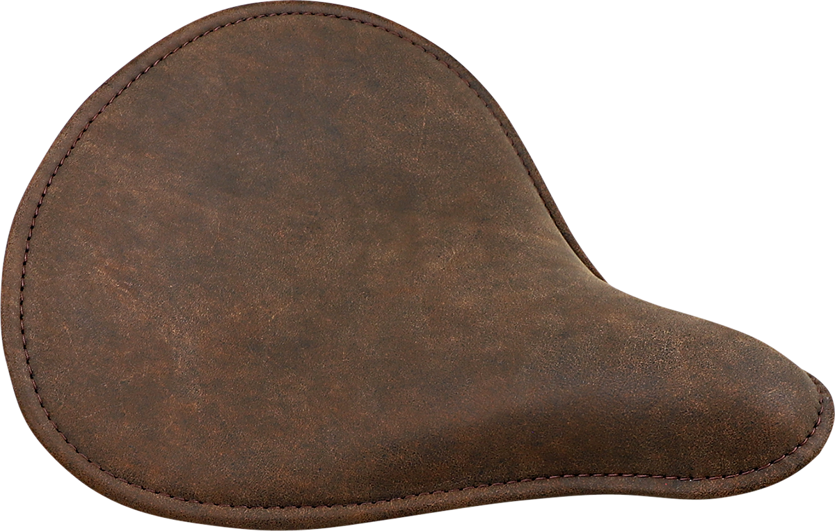 Brown low-profile solo seat with perimeter stitch for bobber style motorcycles by Drag Specialties Seats.