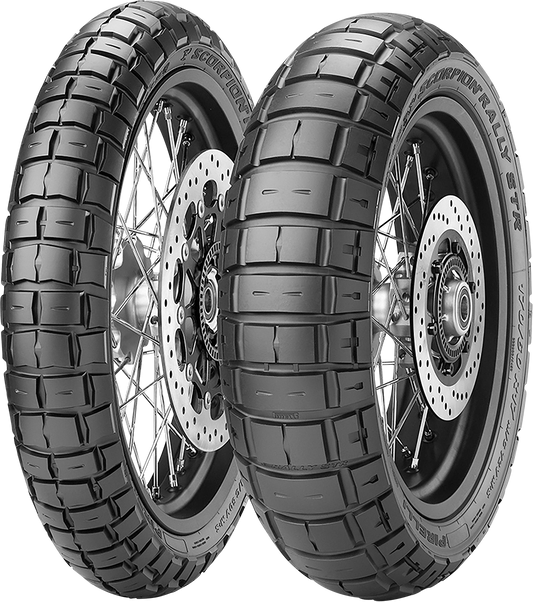 Pirelli Scorpionâ„¢ Rally STR rear motorcycle tire 180/55R17 73V for off-road and on-road riding, featuring rugged tread design.
