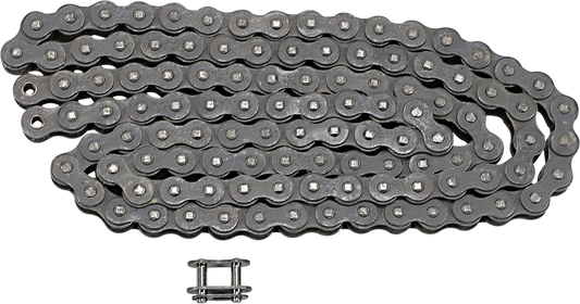 RK M420 standard chain with 112 links, heavy-duty alloy steel construction, designed for durable motorcycle or bike use.