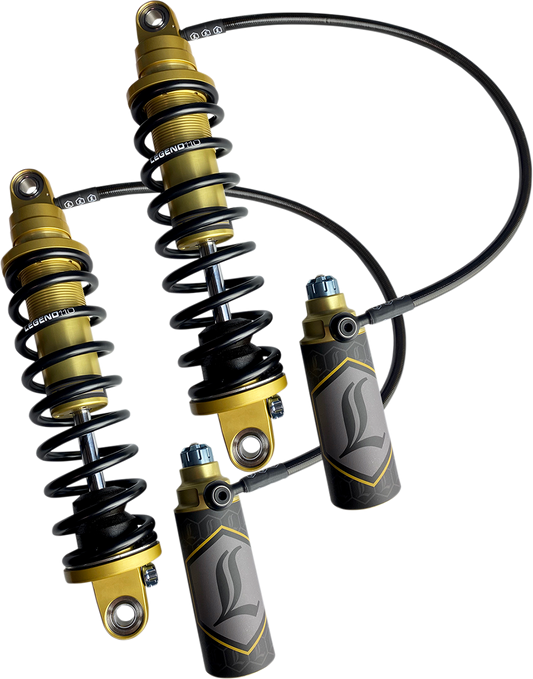Legend Suspension Revo ARC remote reservoir shocks in gold, 14-inch heavy-duty suspension shocks for off-road vehicles.