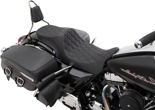 Black Predator III 2-up seat with double diamond stitching from Drag Specialties for Harley-Davidson FL 2008-2023.