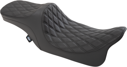 Drag Specialties Predator III 2-up motorcycle seat for Harley-Davidson FL 1999-2007, black with double diamond pattern and black stitching.