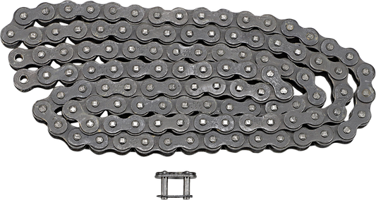 RK M420 standard motorcycle chain with 128 links, showing silver metal links and precise construction for durable performance.